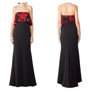 BADGLEY MISCHKA Floral Dress black red 6 Lace Formal Popover Gown strapless maxi
